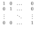 $\displaystyle \begin{array}{ccccc}
1&0&\ldots&&0\\ 0&1&\ldots&&0\\
\vdots&&\ddots&&\vdots\\
0&0&\ldots&&1
\end{array}$