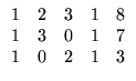 $ \begin{array}{rrrrr} 1&2&3&1&8\\ 1&3&0&1&7\\ 1&0&2&1&3
\end{array}$
